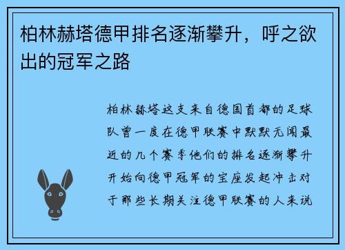 柏林赫塔德甲排名逐渐攀升，呼之欲出的冠军之路